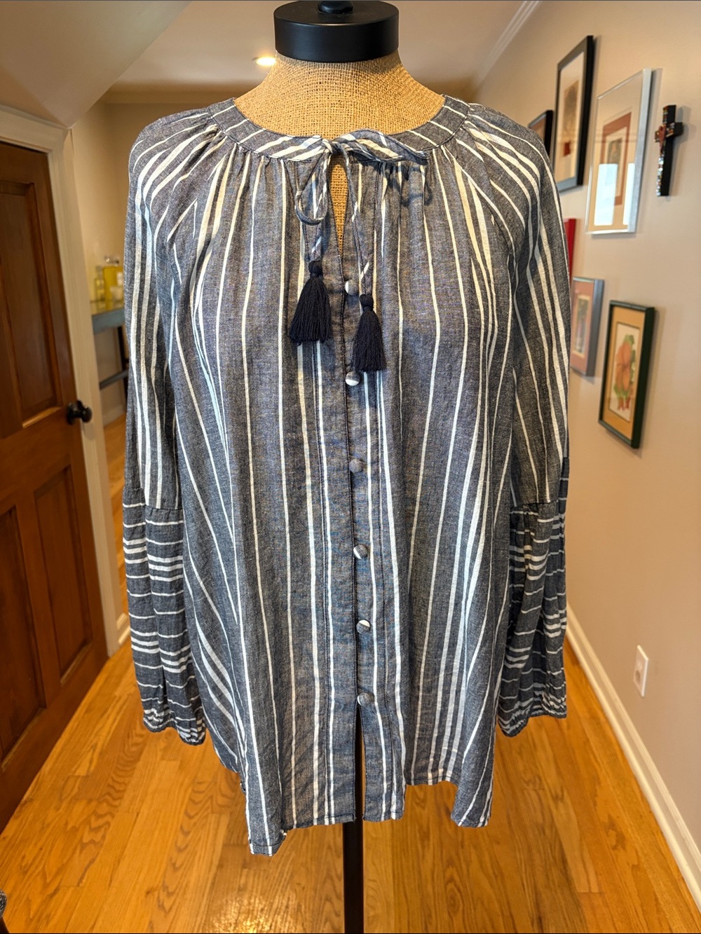 Lane Bryant Navy and White Striped Button-Front Tassel Blouse